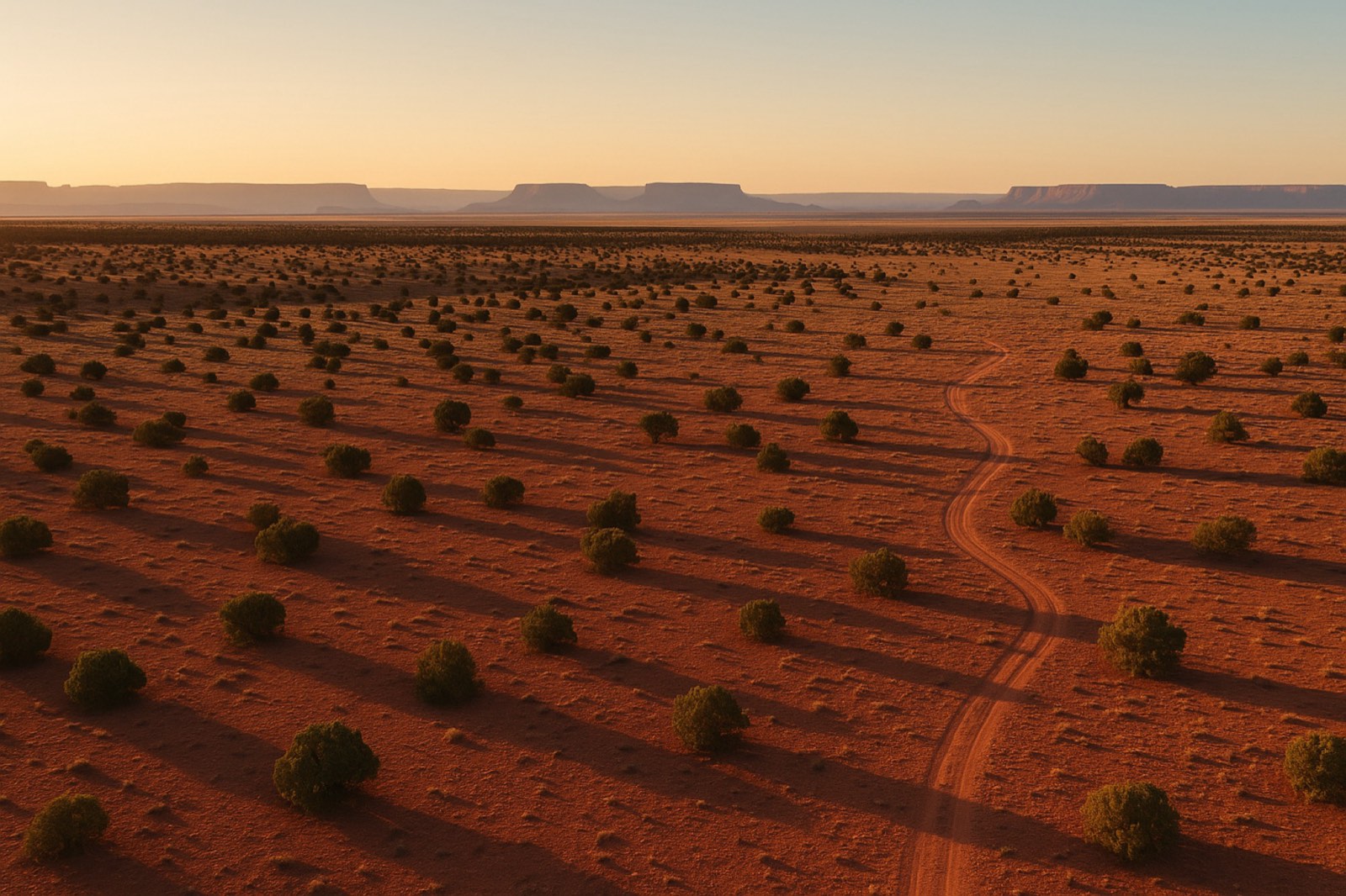 Aerial view of Arizona high-desert rangeland at golden hour